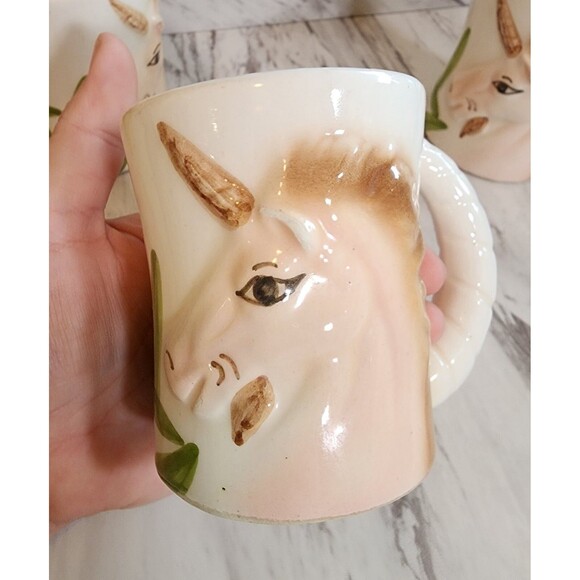 Vintage Hand-Painted Unicorn Mugs Set of 4 3D Horn Handles 70s/80s Fantasy Art - Picture 9 of 16